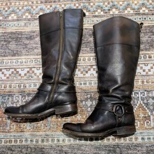 Frye Veronica Harness Tall Extended Wide Calf Brown Leather Boots